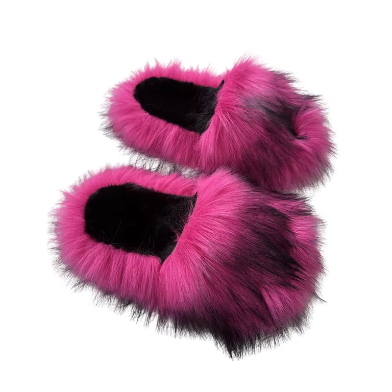 PVC Faux Raccoon Brown Teddy Fur Slides Colorful Fox Fur Slippers