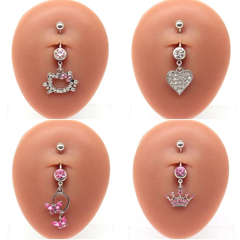 Sweet Butterfly Crown Heart Drop Belly Button Pink White Crystal Stone Hellokitty Dangle Navel Button Women'S Piercing Jewelry