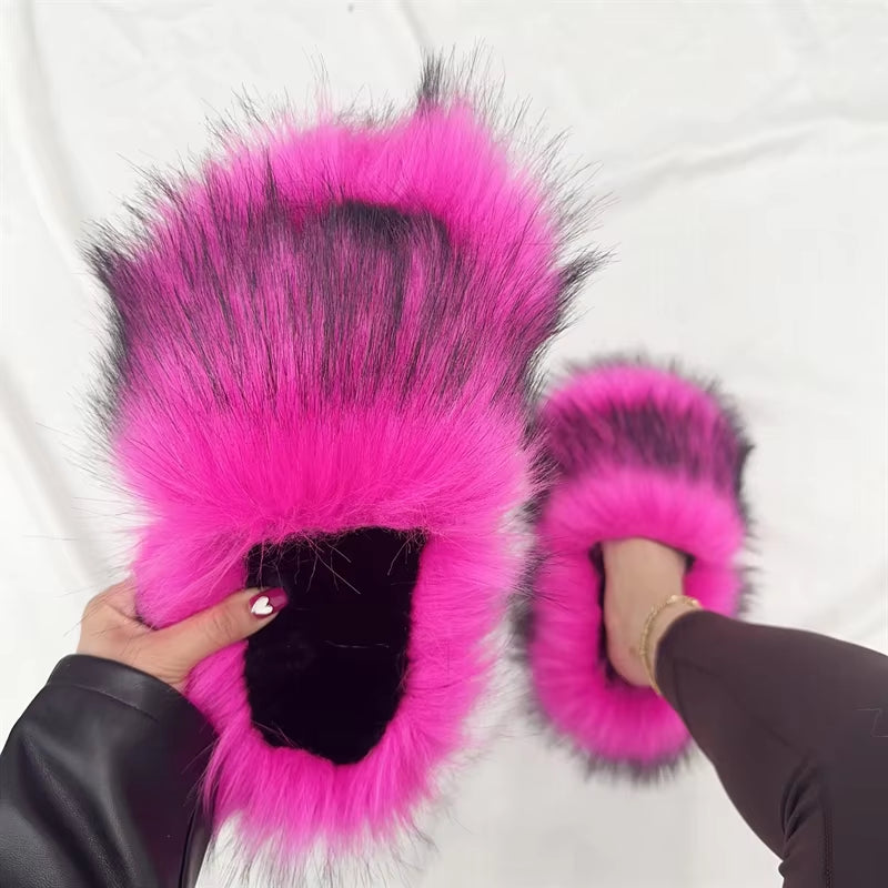 PVC Faux Raccoon Brown Teddy Fur Slides Colorful Fox Fur Slippers