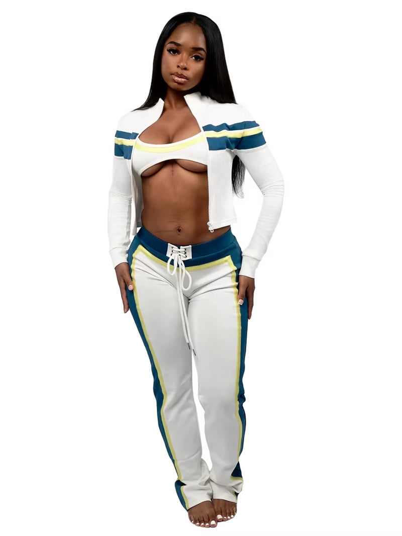 Trending 2025 Women Workout Jogging Suits Tube Top Jacket Pants Sets Ladies Streetwear Striped Tracksuit 3 Piece Gym Set Outfits