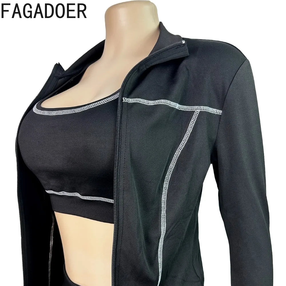 Autumn New Fashion Sports 3 Piece Sets Woman Outfit Stripe Patchwork Long Sleeve Zipper Tops + Pants Female Streetwear