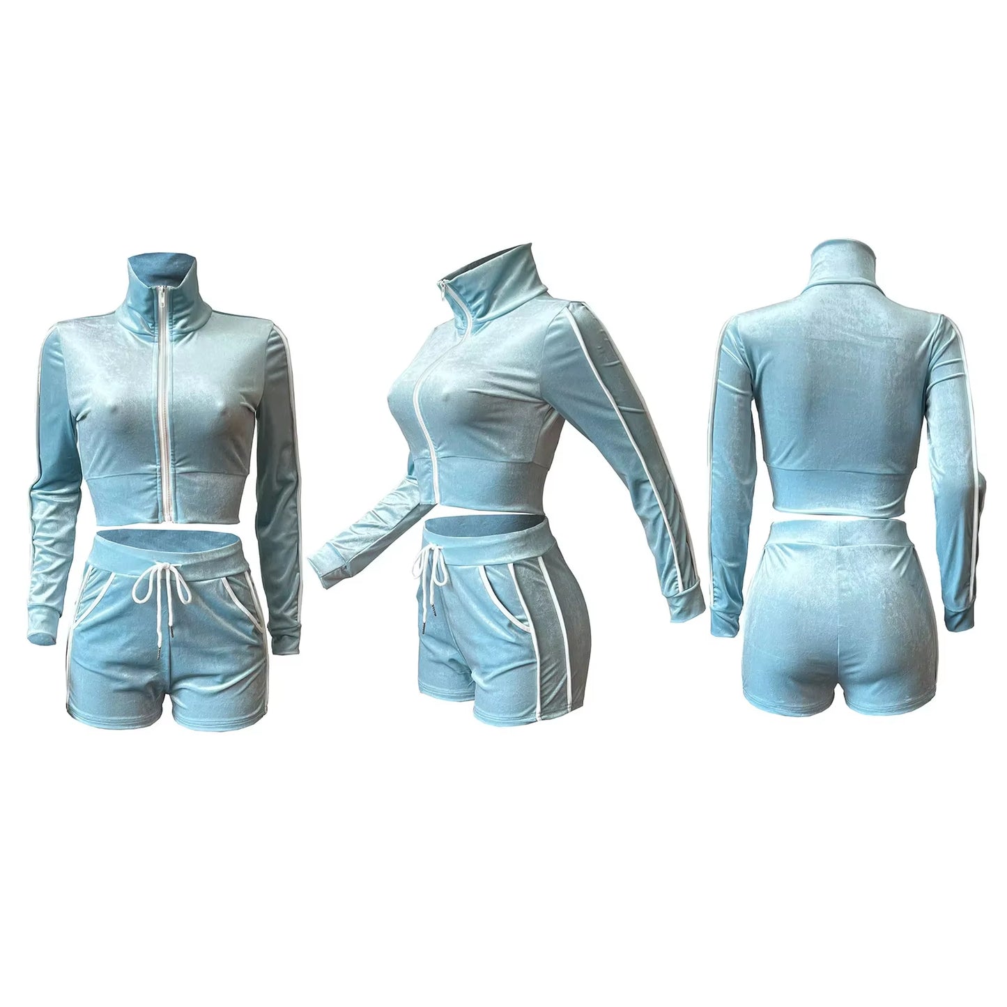 HR8212 Women'S European and American Style Slim Fit Long Sleeve Top Shorts Two-Piece Suit Zippered Side Stripe Design