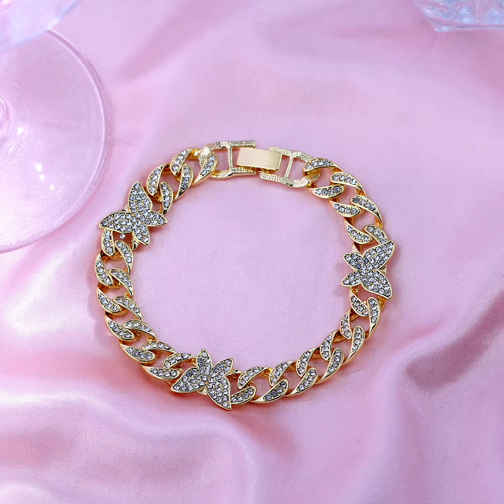 Punk Cuban Link Chain Rhinestone Anklet for Women Gold Silver Color Butterfly Crystal Anklet Bracelet on Leg Foot Jewelry