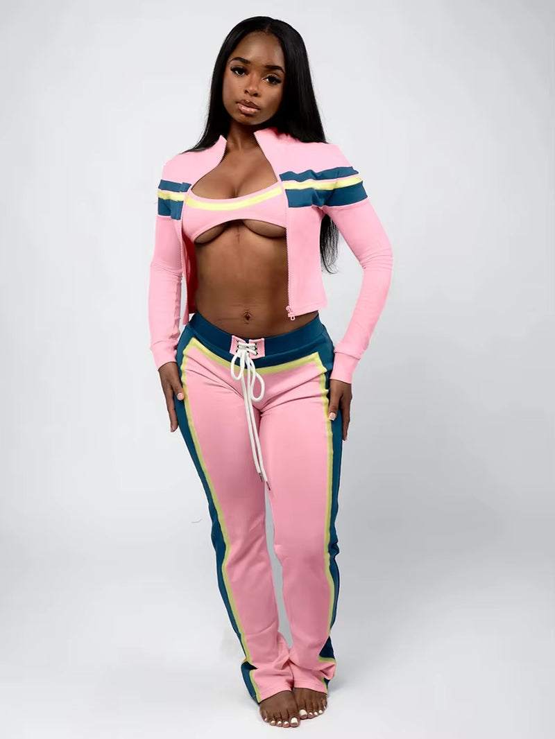 Trending 2025 Women Workout Jogging Suits Tube Top Jacket Pants Sets Ladies Streetwear Striped Tracksuit 3 Piece Gym Set Outfits