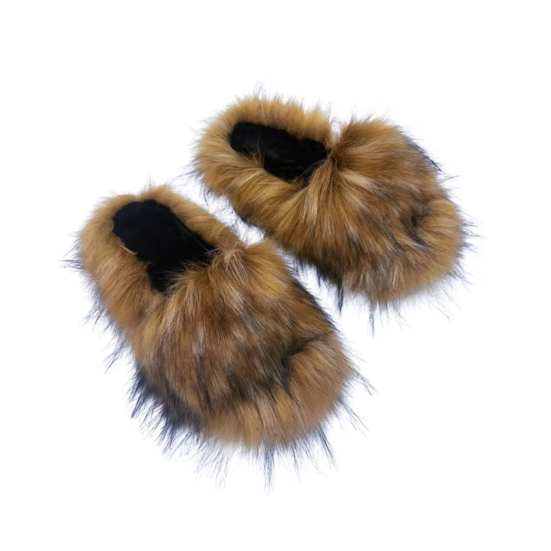 PVC Faux Raccoon Brown Teddy Fur Slides Colorful Fox Fur Slippers