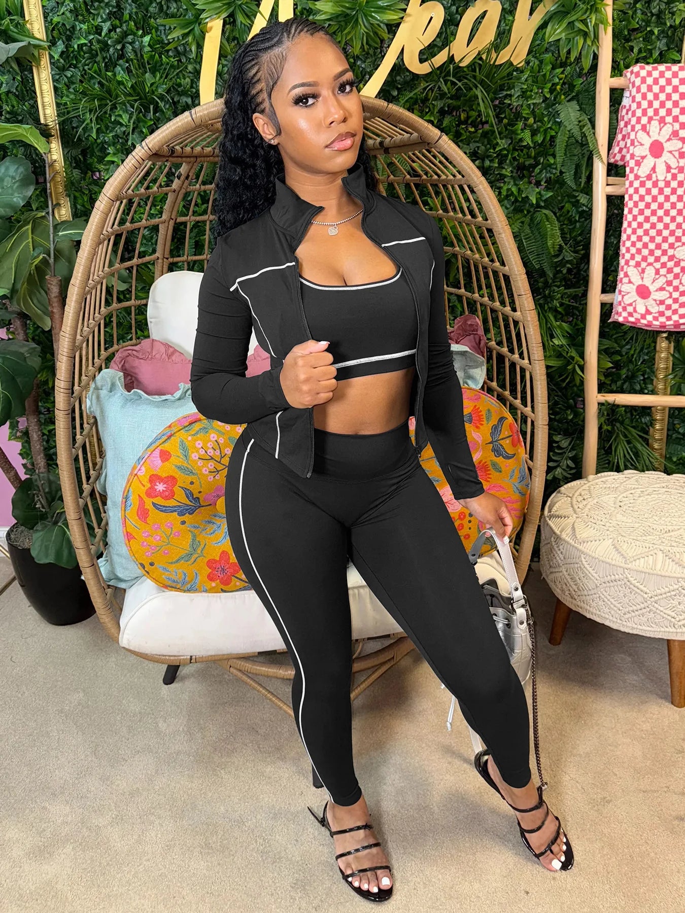 Autumn New Fashion Sports 3 Piece Sets Woman Outfit Stripe Patchwork Long Sleeve Zipper Tops + Pants Female Streetwear