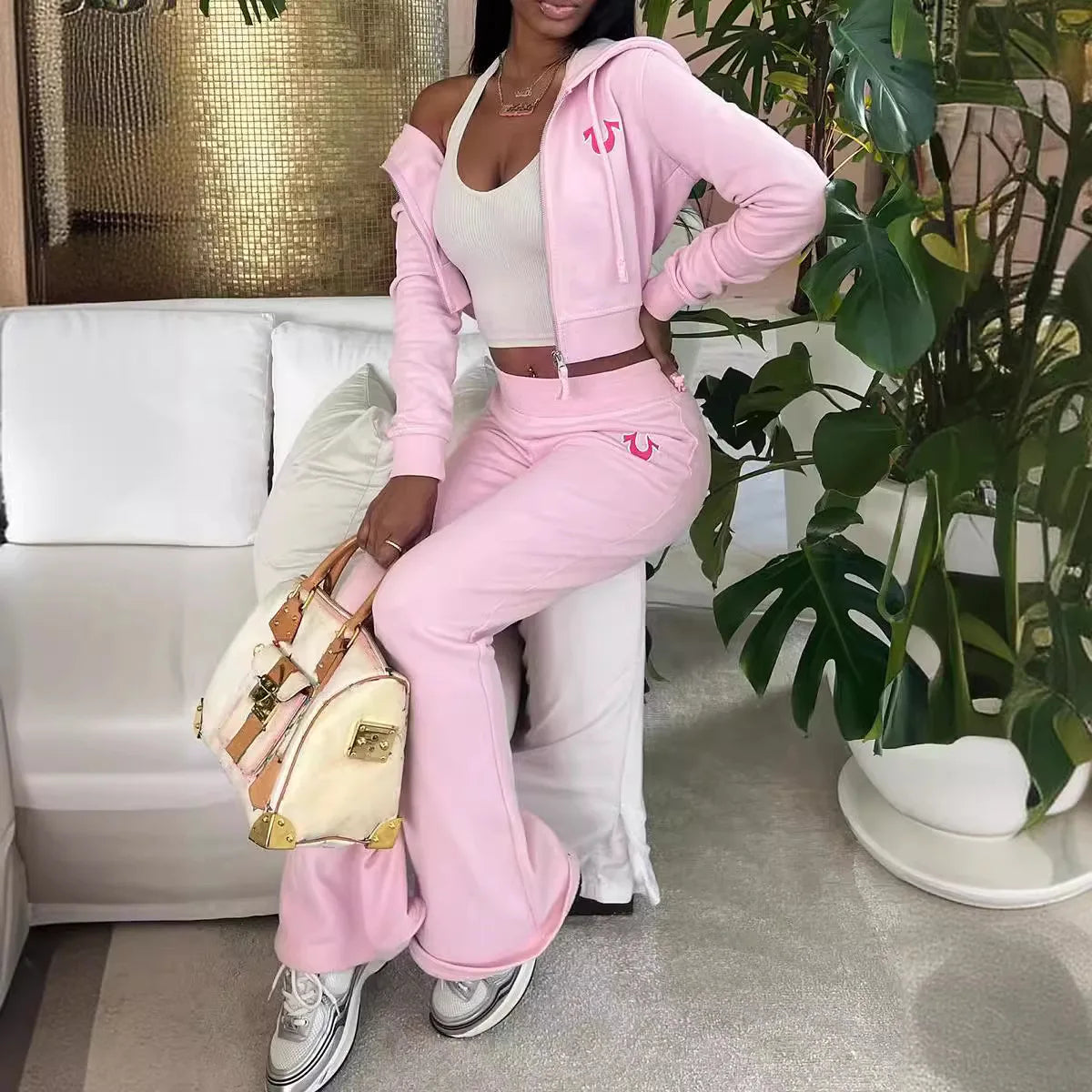 Autumn Hooded Zipper Jackets 2 Piece Pant Set Outfits Women Coats Hoodie Sportwear Sexy Elegant Pink Two Piece Sets