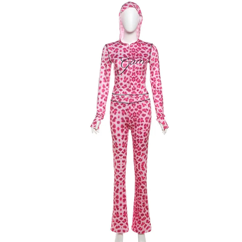 Sexy Leopard Print 2 Piece Sets Women Outfit Long Sleeve Zipper Hooded Crop Jacket + Flare Pants Suits Female Clothing