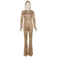 Sexy Leopard Print 2 Piece Sets Women Outfit Long Sleeve Zipper Hooded Crop Jacket + Flare Pants Suits Female Clothing