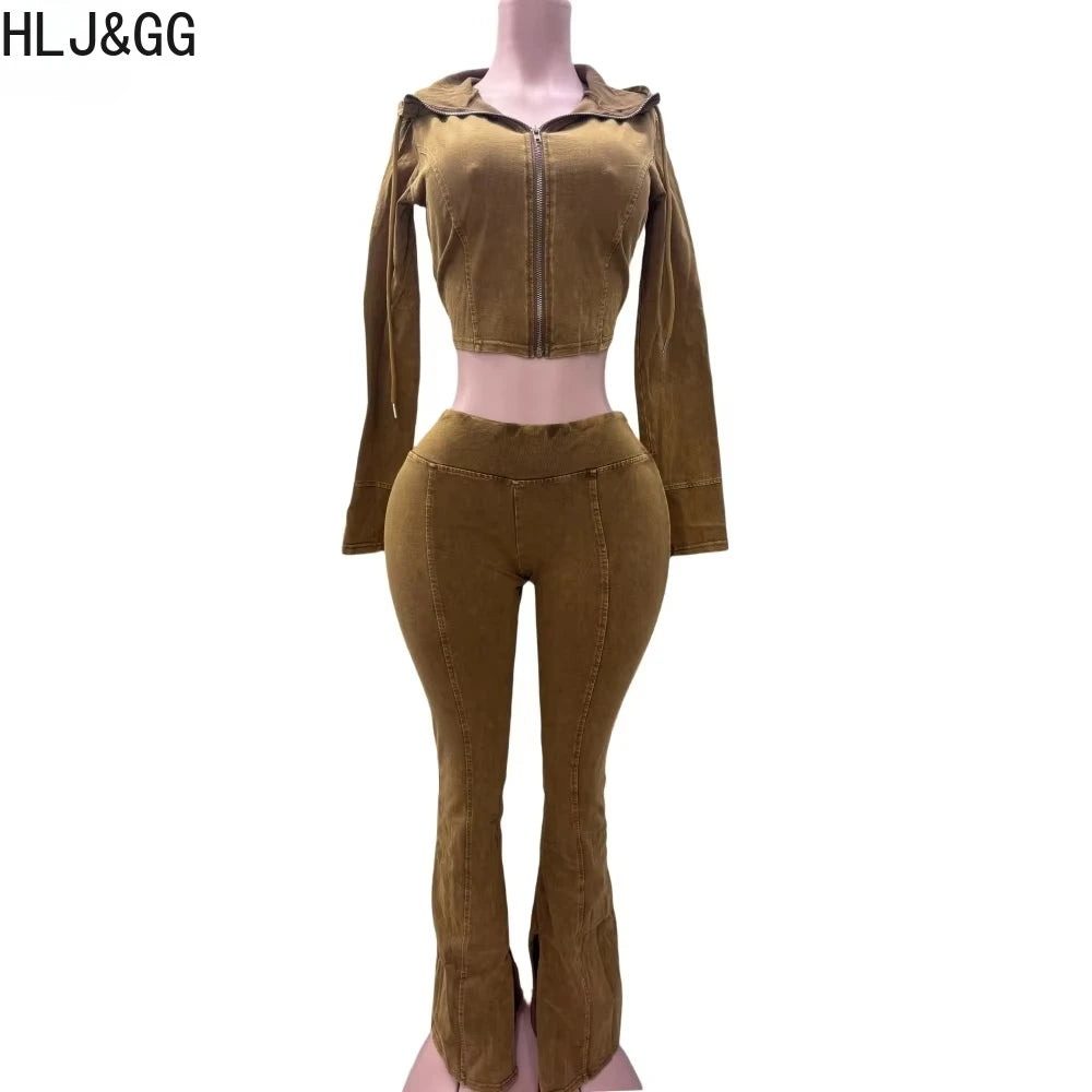 HLJ&GG Spring New Solid Hooded Two Piece Sets Women Zip Long Sleeve Slim Crop Top and Skinny Pants Outfits Casual 2Pcs Clothing