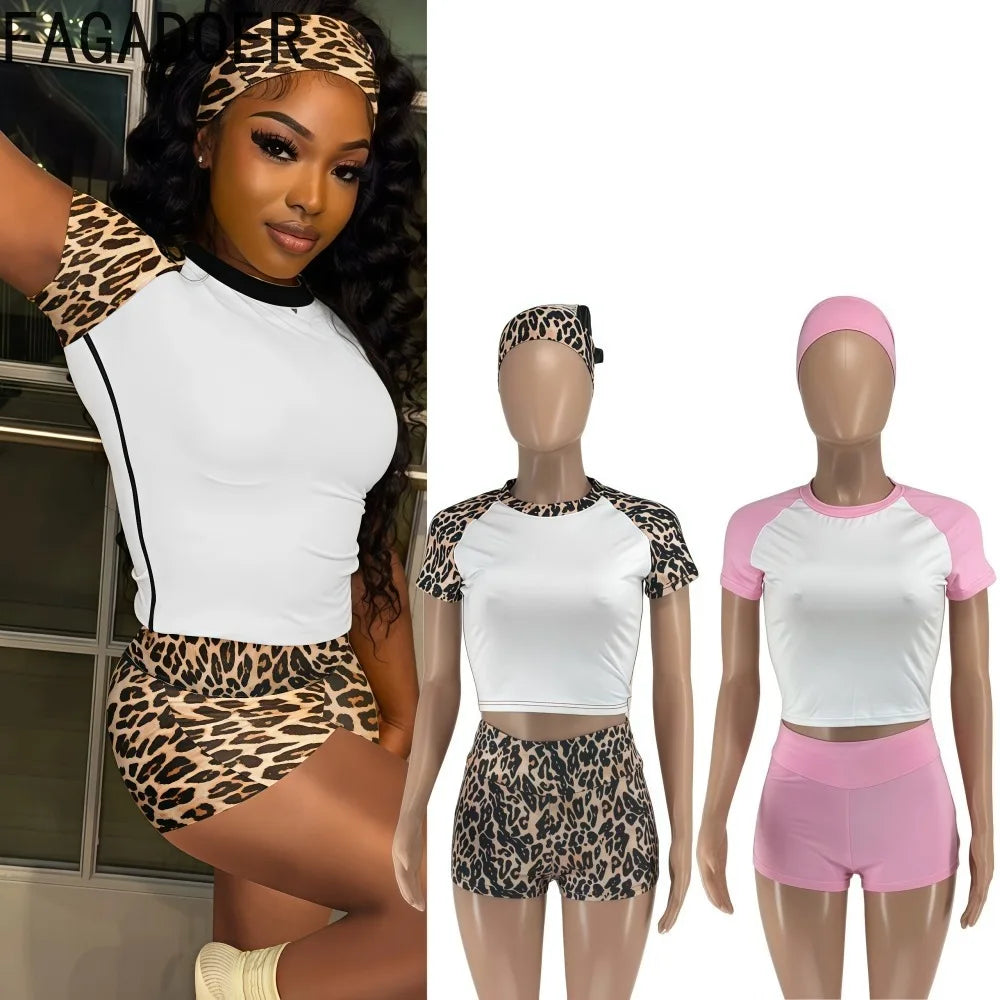 Spring Summer New Fashion Leopard Print 3 Piece Sets Woman Outfit Short Sleeve Patchwork Top and Shorts Set Tracksuit