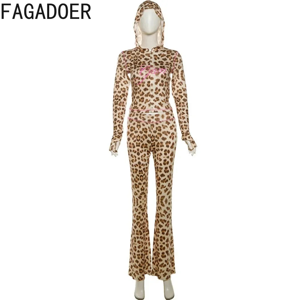 Sexy Leopard Print 2 Piece Sets Women Outfit Long Sleeve Zipper Hooded Crop Jacket + Flare Pants Suits Female Clothing