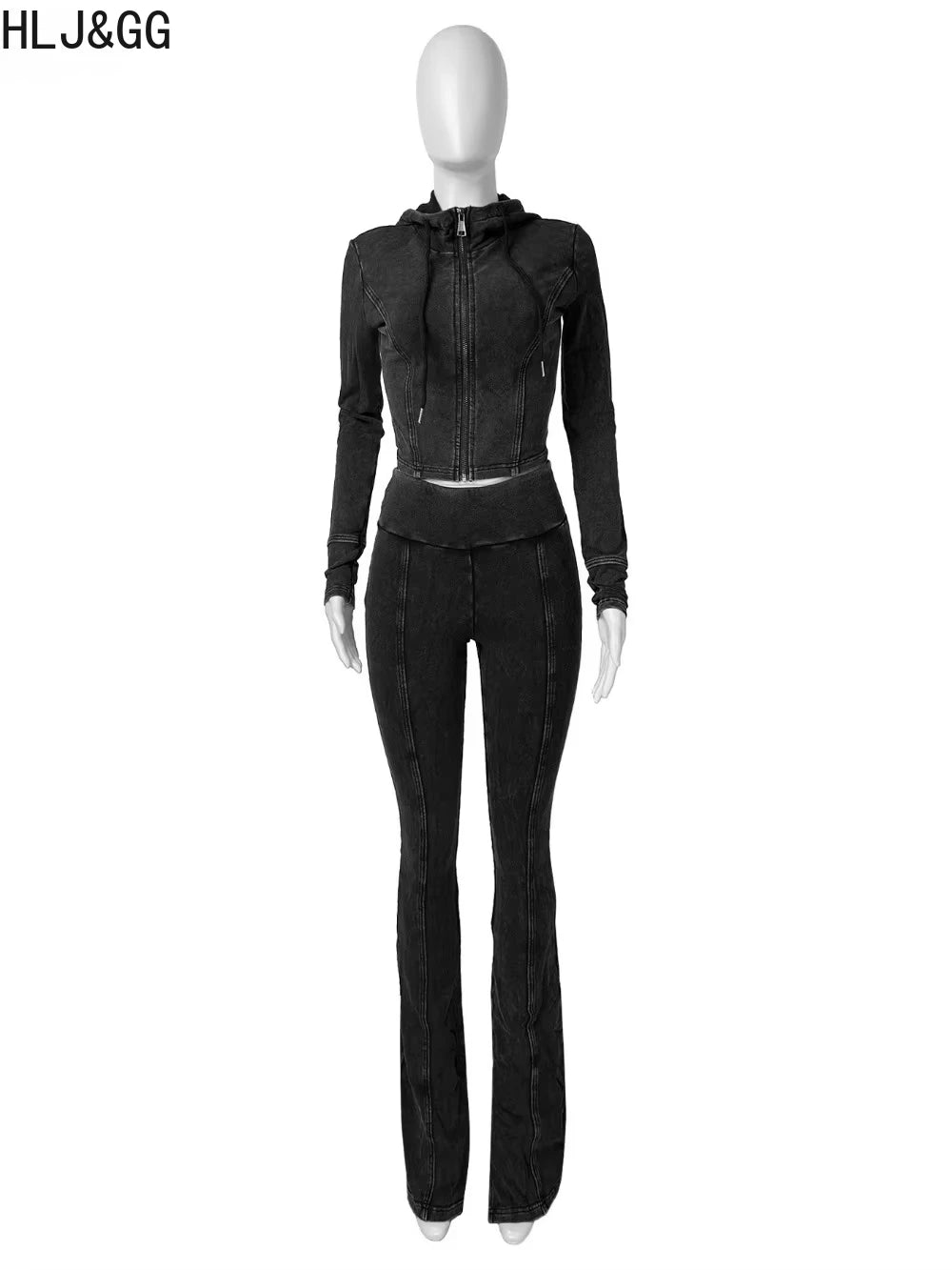 HLJ&GG Spring New Solid Hooded Two Piece Sets Women Zip Long Sleeve Slim Crop Top and Skinny Pants Outfits Casual 2Pcs Clothing