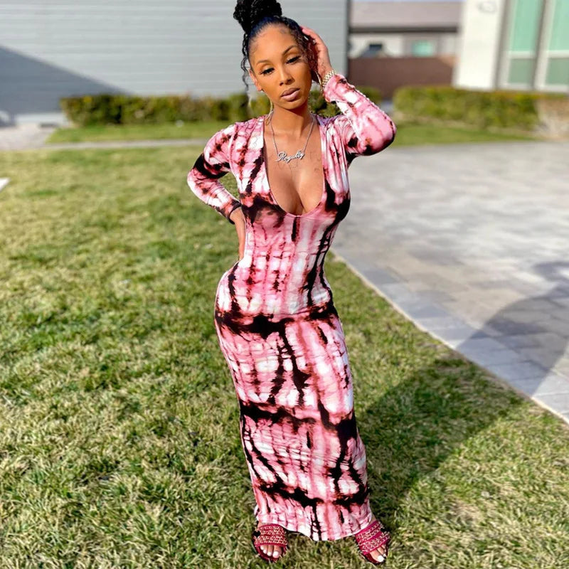 Dresses for Women Chest Wrap Printed off Shoulder Bandage Slim Long Dress