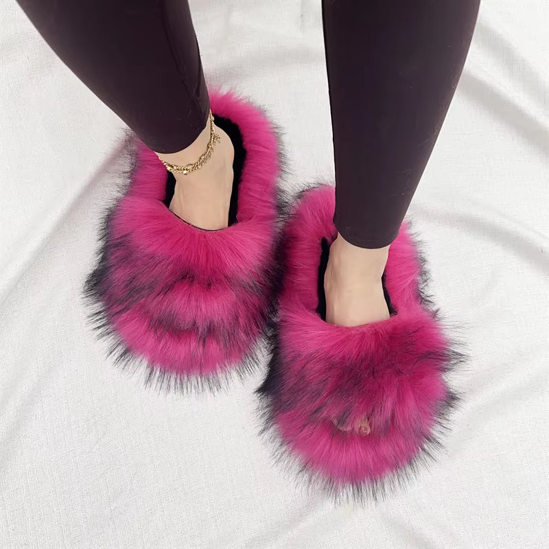 PVC Faux Raccoon Brown Teddy Fur Slides Colorful Fox Fur Slippers
