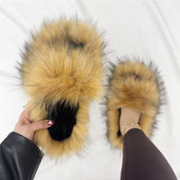PVC Faux Raccoon Brown Teddy Fur Slides Colorful Fox Fur Slippers