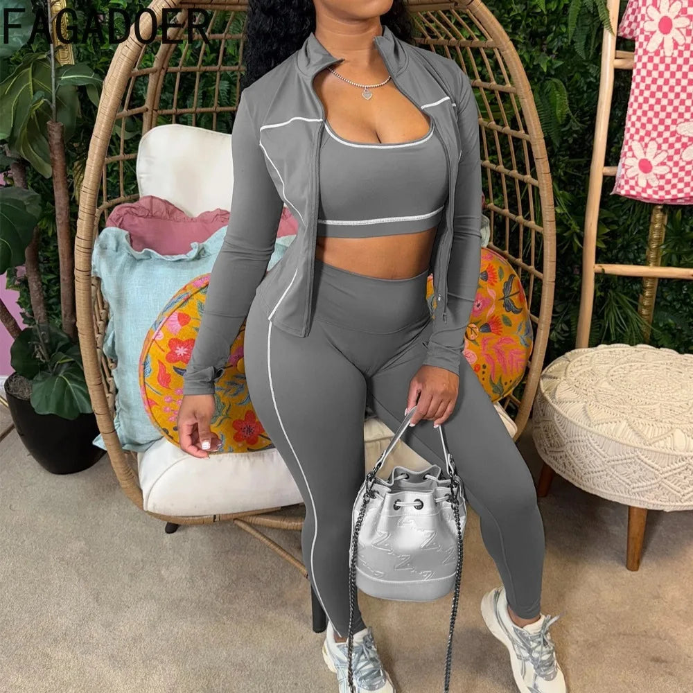 Autumn New Fashion Sports 3 Piece Sets Woman Outfit Stripe Patchwork Long Sleeve Zipper Tops + Pants Female Streetwear