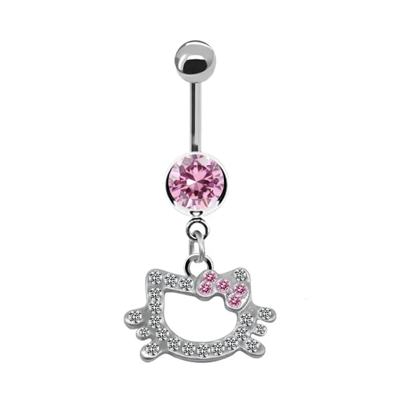 Sweet Butterfly Crown Heart Drop Belly Button Pink White Crystal Stone Hellokitty Dangle Navel Button Women'S Piercing Jewelry
