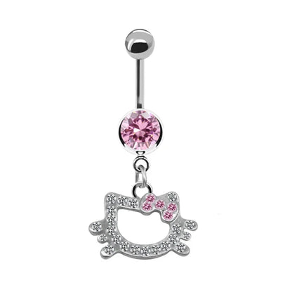 Sweet Butterfly Crown Heart Drop Belly Button Pink White Crystal Stone Hellokitty Dangle Navel Button Women'S Piercing Jewelry