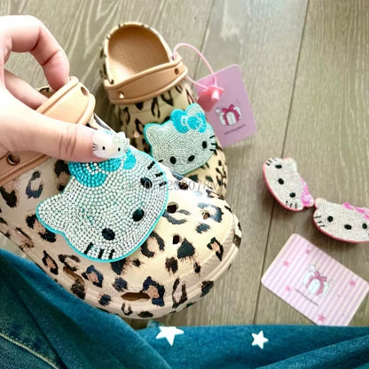 Hello Kitty Diamond Leopard Thick High Heel Sandals Women Summer Vented Clogs Outdoor Beach Slippers Female Garden Hole Shoes