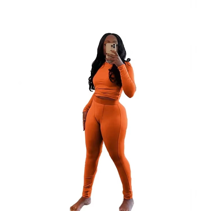 New Ribbing 2 Piece Sets Women Outfit Solid Long Sleeve Crop Top + High Waist Leggings Suits Sportswear