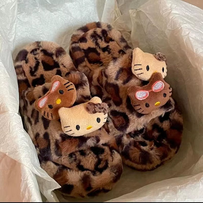 Y2K Hello Kitty Leopard Print Plush Slipper  Autumn and Winter Spicy Girl Thick Bottom Fashion Non-Slip Home Shoes
