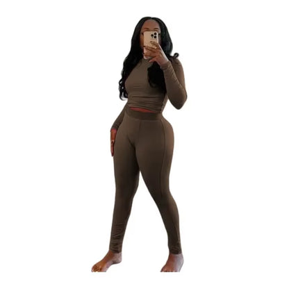 New Ribbing 2 Piece Sets Women Outfit Solid Long Sleeve Crop Top + High Waist Leggings Suits Sportswear