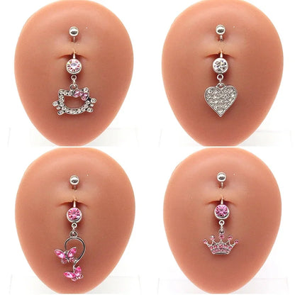Sweet Butterfly Crown Heart Drop Belly Button Pink White Crystal Stone Hellokitty Dangle Navel Button Women'S Piercing Jewelry