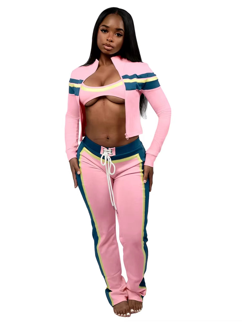 Trending 2025 Women Workout Jogging Suits Tube Top Jacket Pants Sets Ladies Streetwear Striped Tracksuit 3 Piece Gym Set Outfits