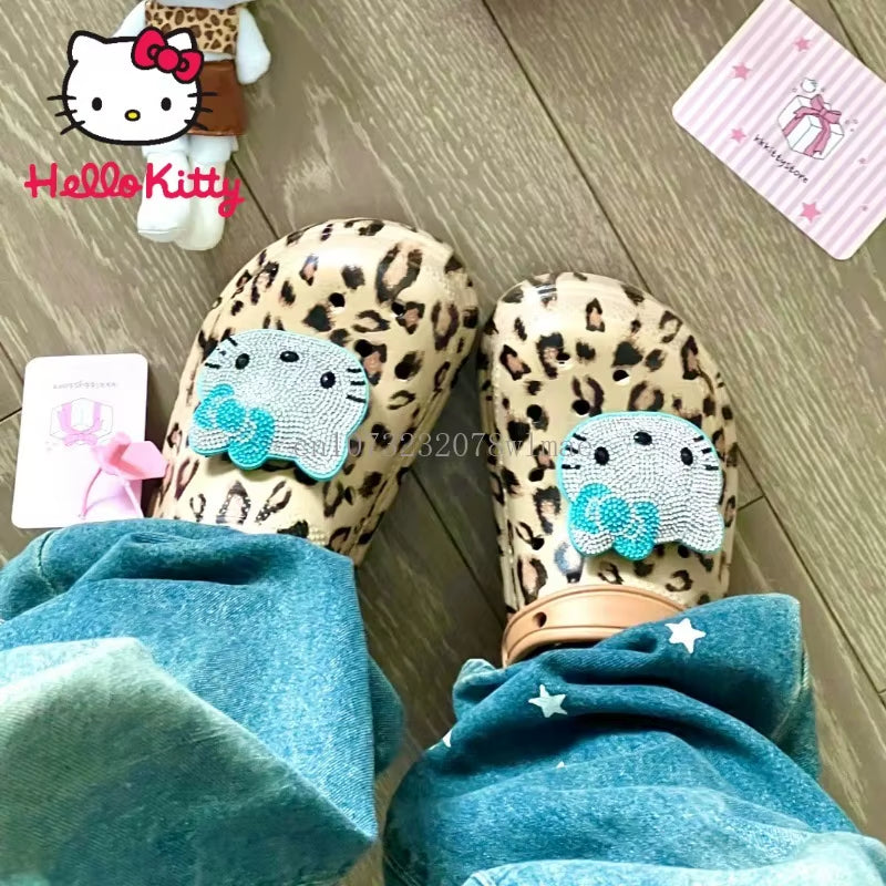Hello Kitty Diamond Leopard Thick High Heel Sandals Women Summer Vented Clogs Outdoor Beach Slippers Female Garden Hole Shoes