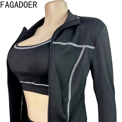 Autumn New Fashion Sports 3 Piece Sets Woman Outfit Stripe Patchwork Long Sleeve Zipper Tops + Pants Female Streetwear