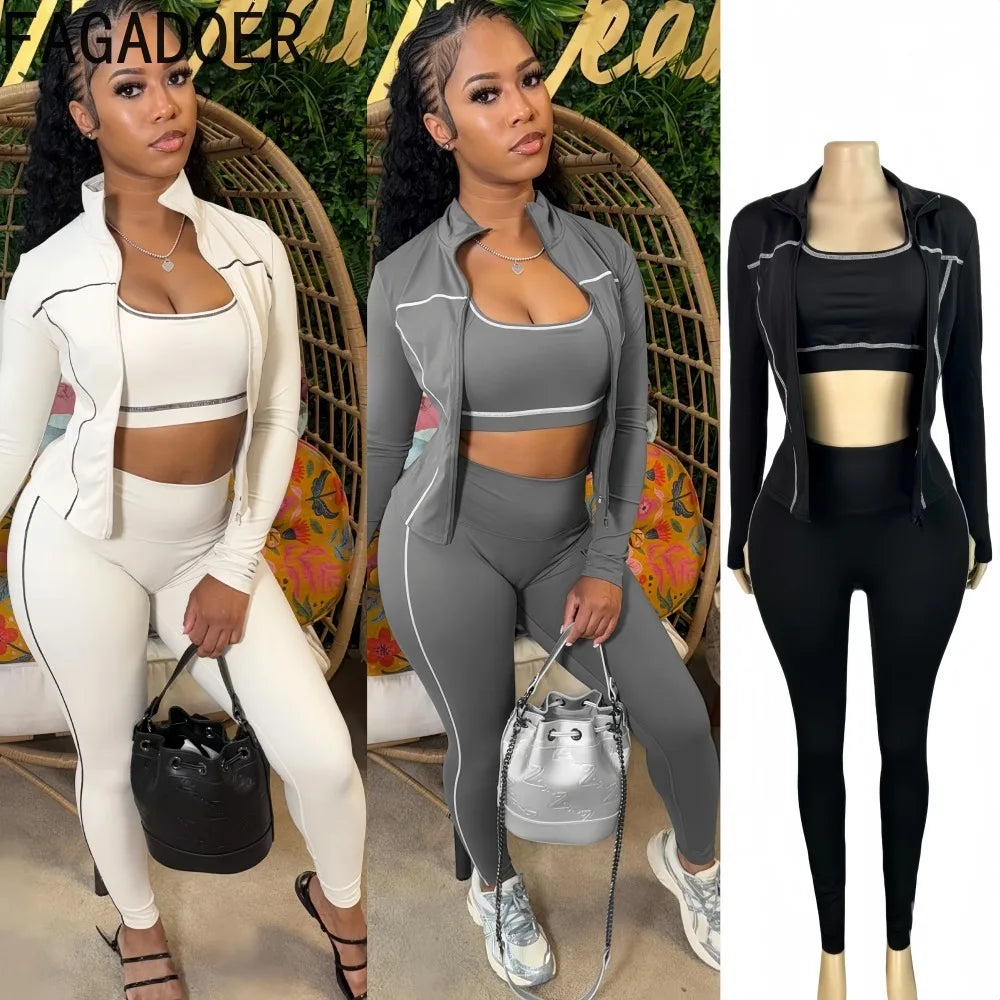 Autumn New Fashion Sports 3 Piece Sets Woman Outfit Stripe Patchwork Long Sleeve Zipper Tops + Pants Female Streetwear