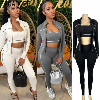 Autumn New Fashion Sports 3 Piece Sets Woman Outfit Stripe Patchwork Long Sleeve Zipper Tops + Pants Female Streetwear