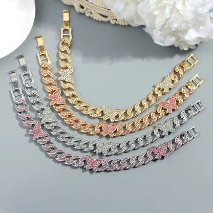 Punk Cuban Link Chain Rhinestone Anklet for Women Gold Silver Color Butterfly Crystal Anklet Bracelet on Leg Foot Jewelry