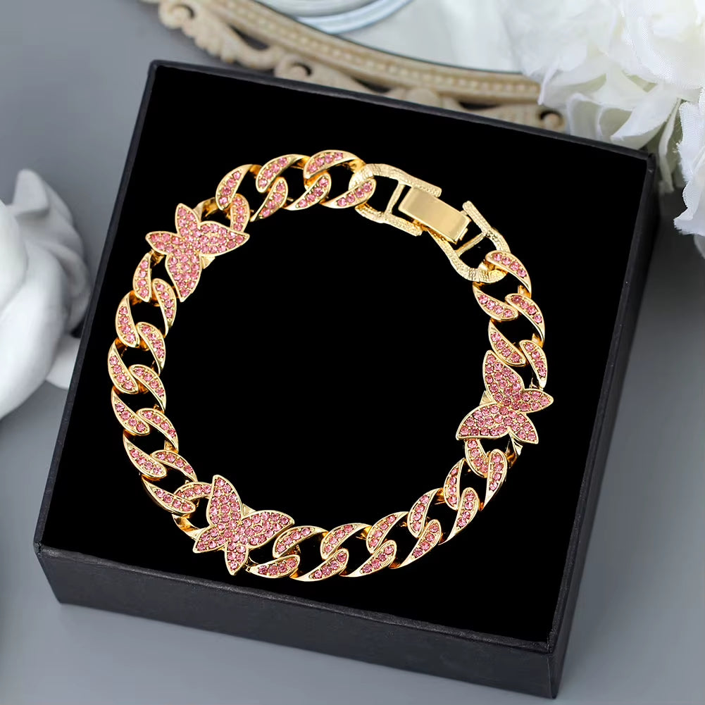 Punk Cuban Link Chain Rhinestone Anklet for Women Gold Silver Color Butterfly Crystal Anklet Bracelet on Leg Foot Jewelry