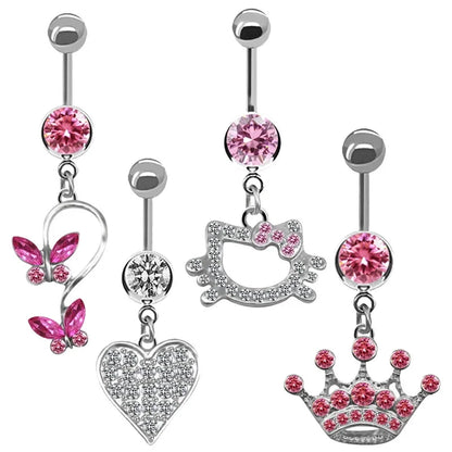 Sweet Butterfly Crown Heart Drop Belly Button Pink White Crystal Stone Hellokitty Dangle Navel Button Women'S Piercing Jewelry