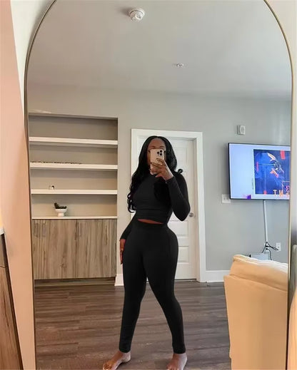New Ribbing 2 Piece Sets Women Outfit Solid Long Sleeve Crop Top + High Waist Leggings Suits Sportswear