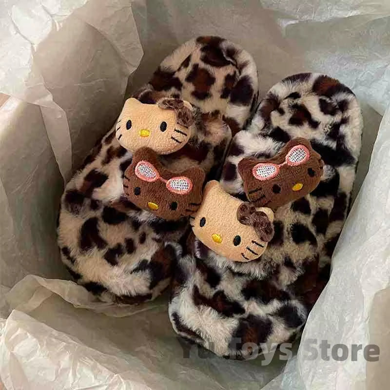 Y2K Hello Kitty Leopard Print Plush Slipper  Autumn and Winter Spicy Girl Thick Bottom Fashion Non-Slip Home Shoes