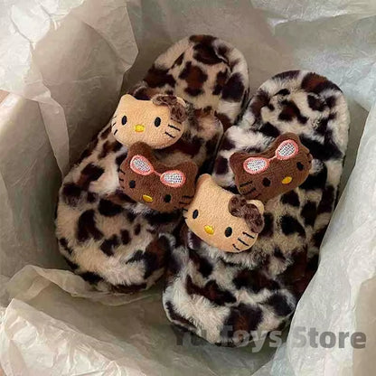 Y2K Hello Kitty Leopard Print Plush Slipper  Autumn and Winter Spicy Girl Thick Bottom Fashion Non-Slip Home Shoes
