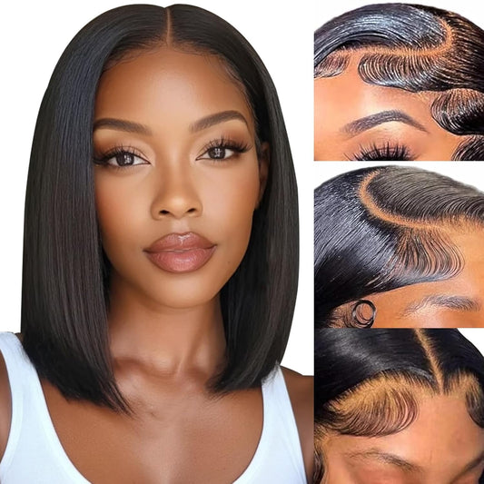 Bob Wig Human Hair 12 Inch 13X4 Lace Front Wigs Human Hair Pre Plucked 180% Density Short Straight Bob Wig Natural Color Glueless Bob Wigs for Black Women