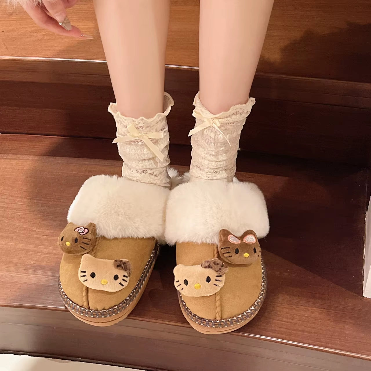 Y2K Kawaii  Hello Kitty Plush Doll Non-Slip Slippers Warm Home Shoes Cute Outdoor Windproof and Cold-Proof Cotton Shoes