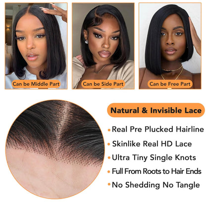 Bob Wig Human Hair 12 Inch 13X4 Lace Front Wigs Human Hair Pre Plucked 180% Density Short Straight Bob Wig Natural Color Glueless Bob Wigs for Black Women