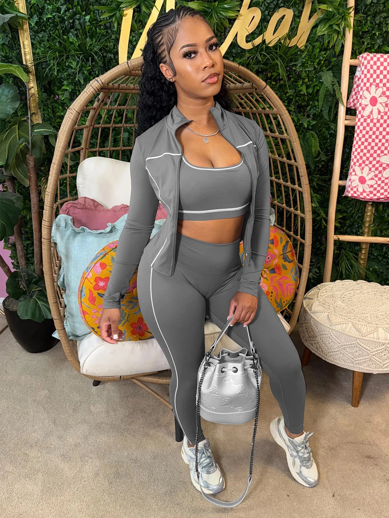 Autumn New Fashion Sports 3 Piece Sets Woman Outfit Stripe Patchwork Long Sleeve Zipper Tops + Pants Female Streetwear