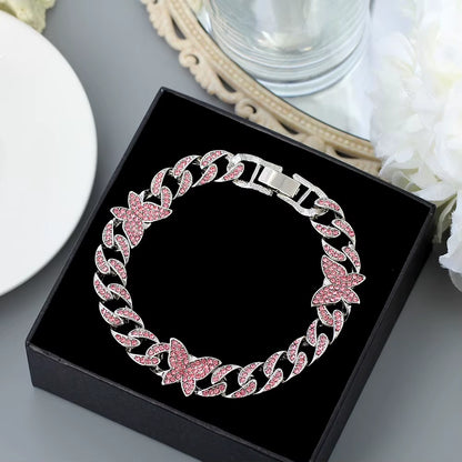 Punk Cuban Link Chain Rhinestone Anklet for Women Gold Silver Color Butterfly Crystal Anklet Bracelet on Leg Foot Jewelry