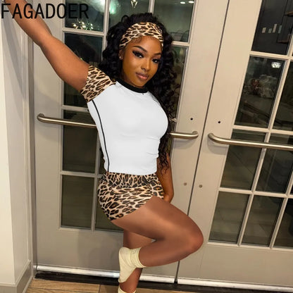 Spring Summer New Fashion Leopard Print 3 Piece Sets Woman Outfit Short Sleeve Patchwork Top and Shorts Set Tracksuit