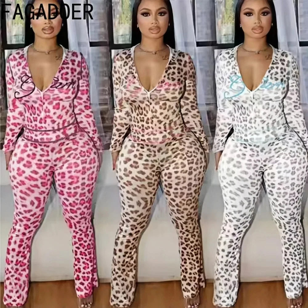 Sexy Leopard Print 2 Piece Sets Women Outfit Long Sleeve Zipper Hooded Crop Jacket + Flare Pants Suits Female Clothing