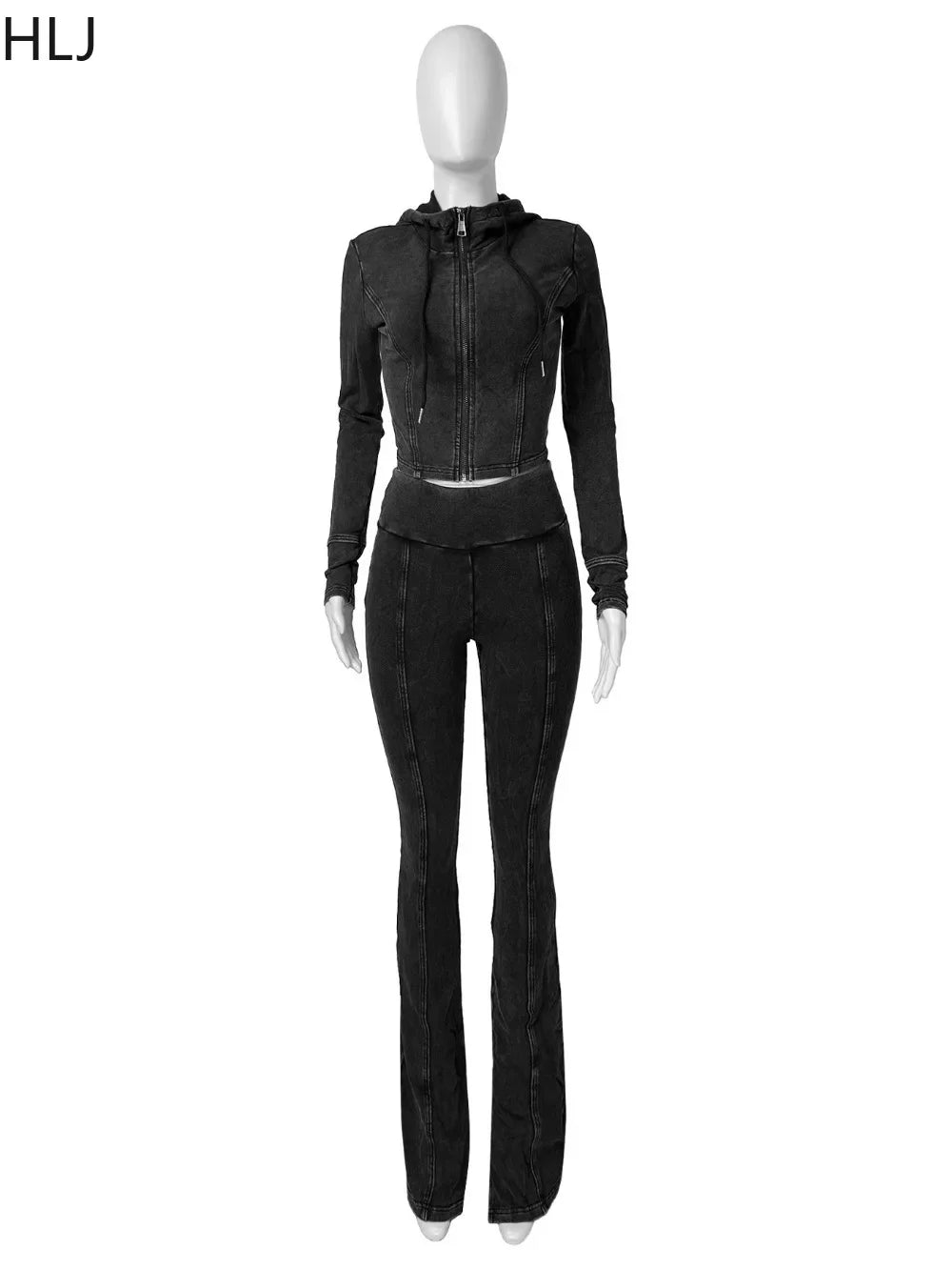 HLJ&GG Spring New Solid Hooded Two Piece Sets Women Zip Long Sleeve Slim Crop Top and Skinny Pants Outfits Casual 2Pcs Clothing