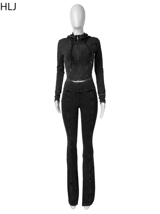 HLJ&GG Spring New Solid Hooded Two Piece Sets Women Zip Long Sleeve Slim Crop Top and Skinny Pants Outfits Casual 2Pcs Clothing