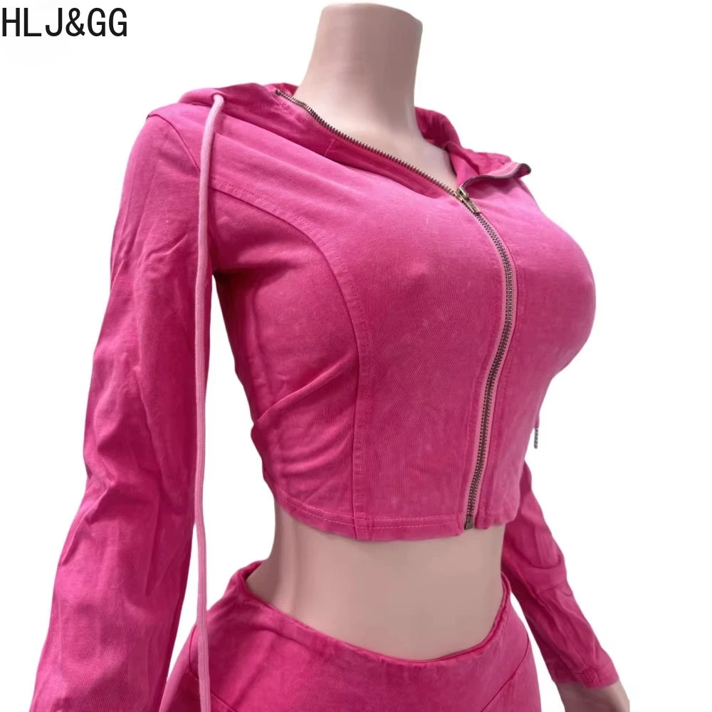HLJ&GG Spring New Solid Hooded Two Piece Sets Women Zip Long Sleeve Slim Crop Top and Skinny Pants Outfits Casual 2Pcs Clothing