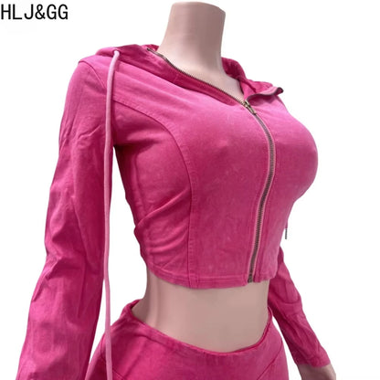 HLJ&GG Spring New Solid Hooded Two Piece Sets Women Zip Long Sleeve Slim Crop Top and Skinny Pants Outfits Casual 2Pcs Clothing